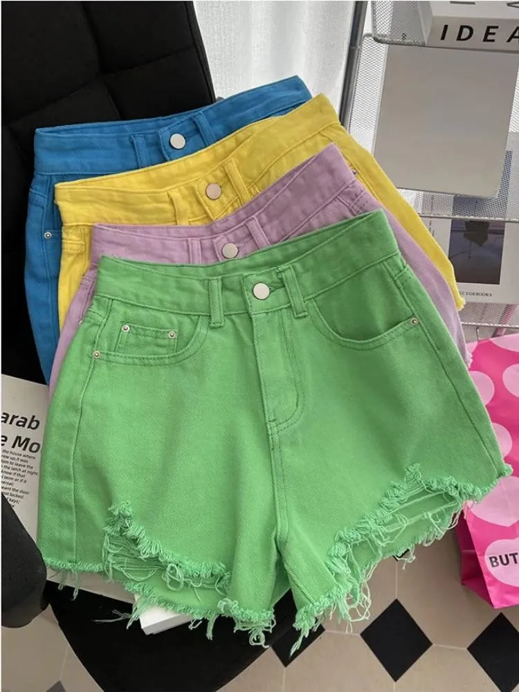 Saias femininas shorts de verão pinkycolor high street moda cintura alta denim shorts sexy pole dance com bainha crua azul aline calças quentes