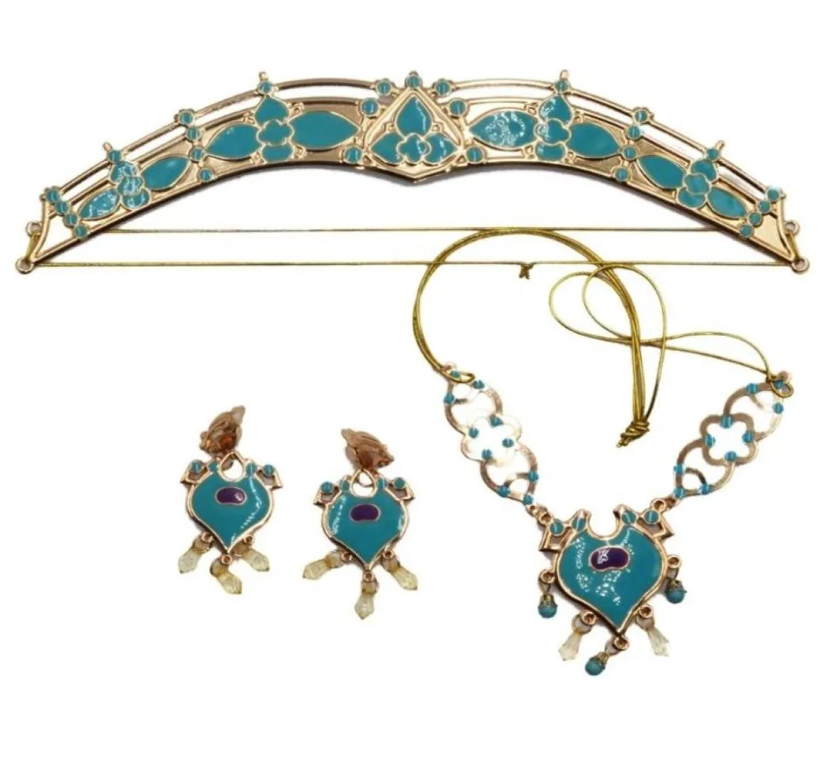 Boucles d'oreilles collier femmes Jasmine couronne royale bandeau pendentif ensemble de bijoux sarcelle habiller princesse adultes enfants Costume Kit9183521