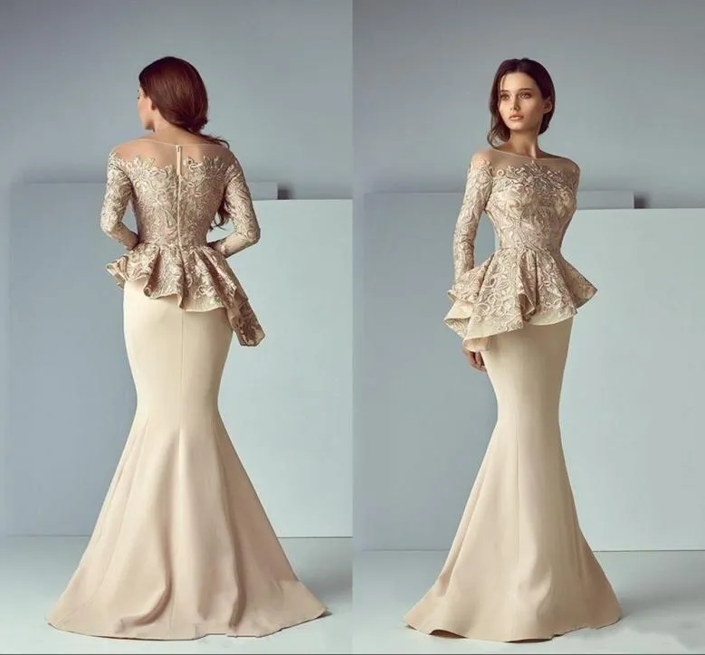 Champagne Mermaid Peplum Prom Dresses Jewel Neck Illusion Long Sleeves Lace Applique Zipper Back Party Evening Morther of Bride Go7462134