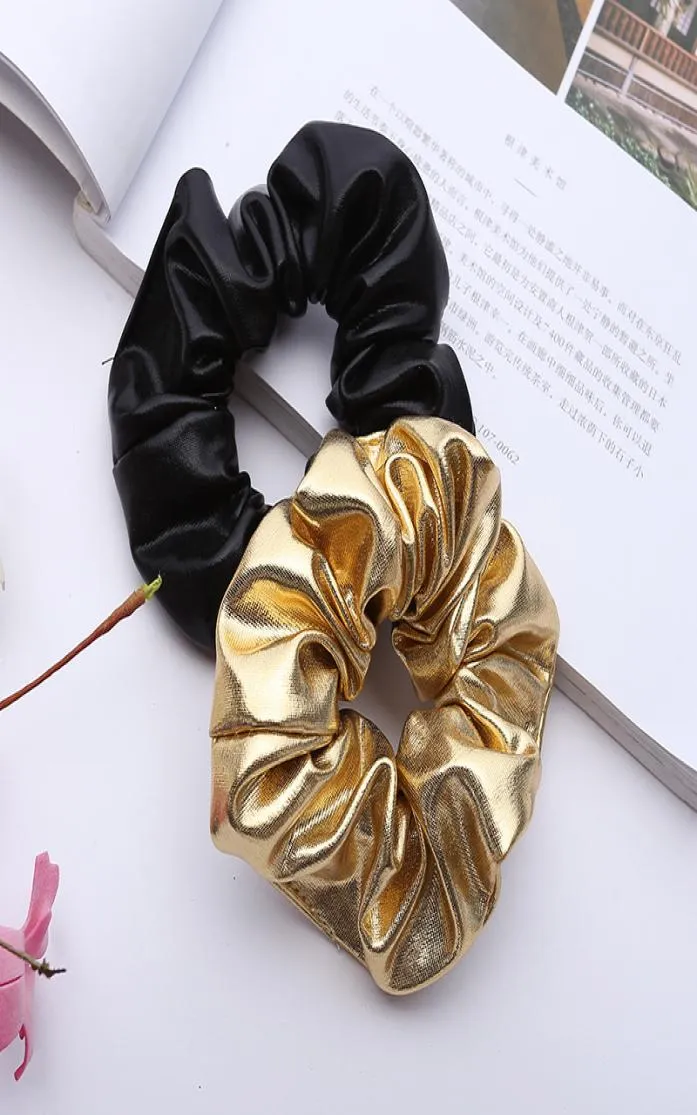 Nova marca feminina pu couro falso elástico laços de cabelo meninas hairband corda rabo de cavalo titular scrunchie ouro preto headbands acessórios 9418526