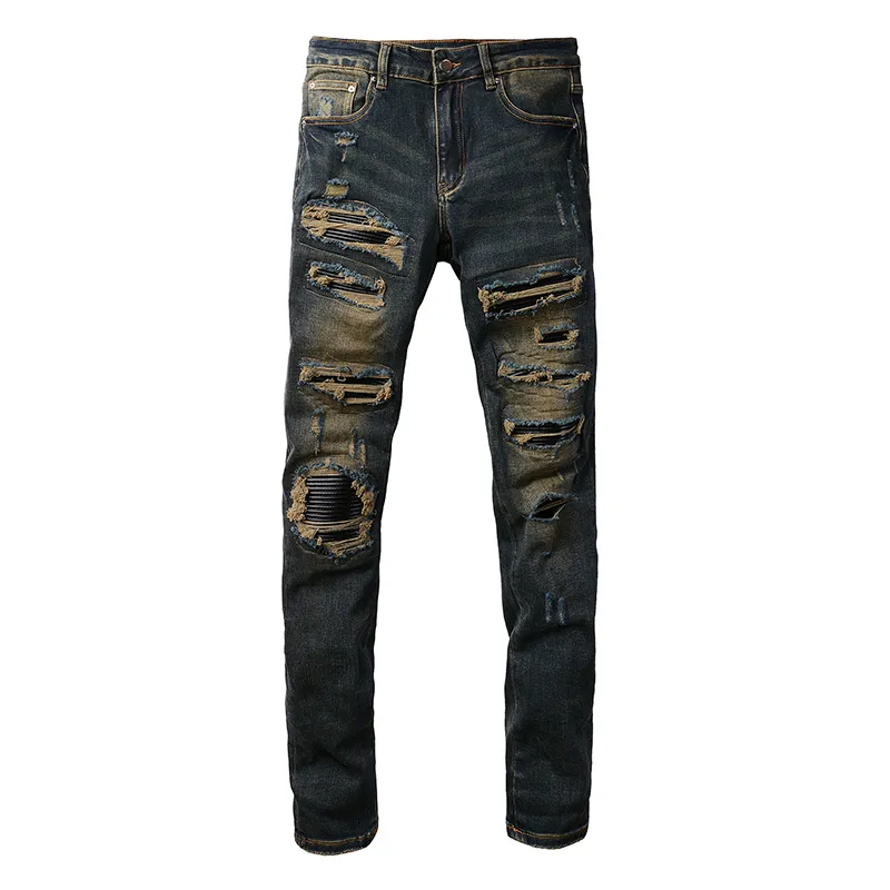 Designer Amirs Herrenjeans Lila Jeans High Street Hole Star Patch Herren Damen Amirs Star Stickerei Panel Hose Stretch Slim-Fit Hose Hose US GRÖSSE 119