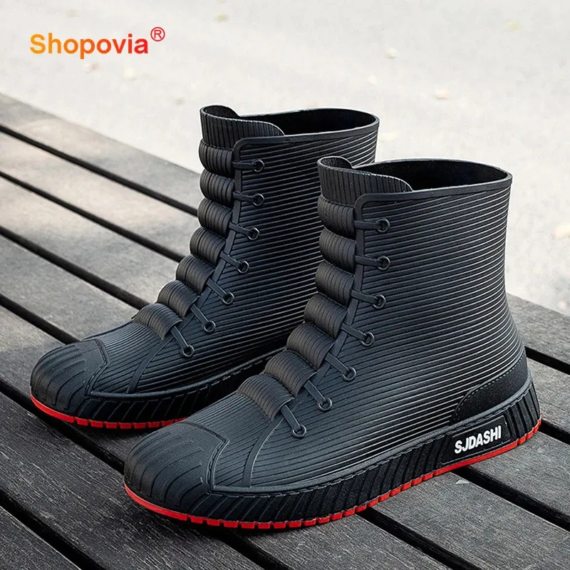 Fashion Men Rain Boots Waterproof Rubber Gumboots Slip On Working Boots Comfort Red Non-slip Fishing Shoes For Men Unisex Boots 231229