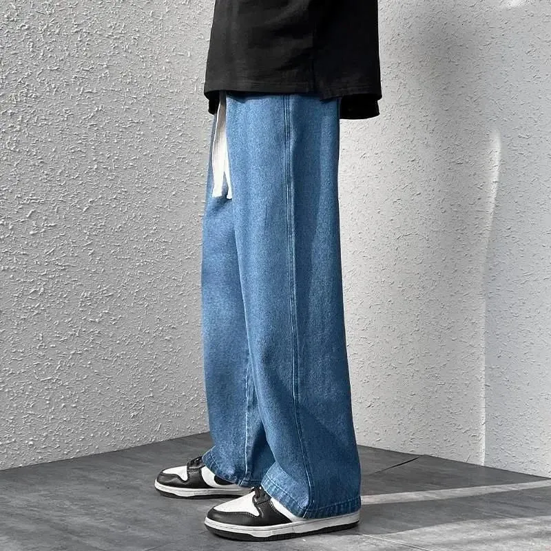 Frühling Herbst Sommer Schwarz Blau Elastische Taille Denim Jeans männer Gerade Lose Breite Bein Streetwear Student Cargo Baggy Hosen 231229