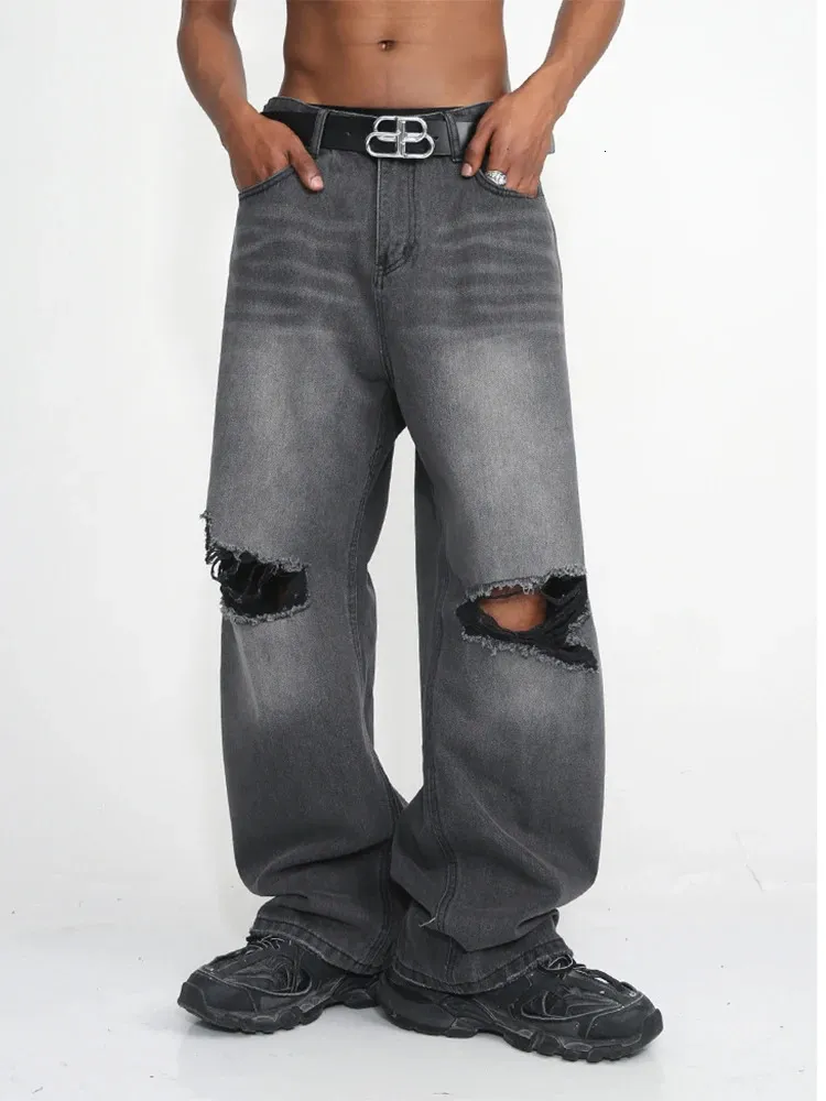 Y2k Men's Jeans Damaged Denim Knee Ripped Jeans for Men Loose Fit Distressed Baggy Jeans Black Cargo Pants Men 240102