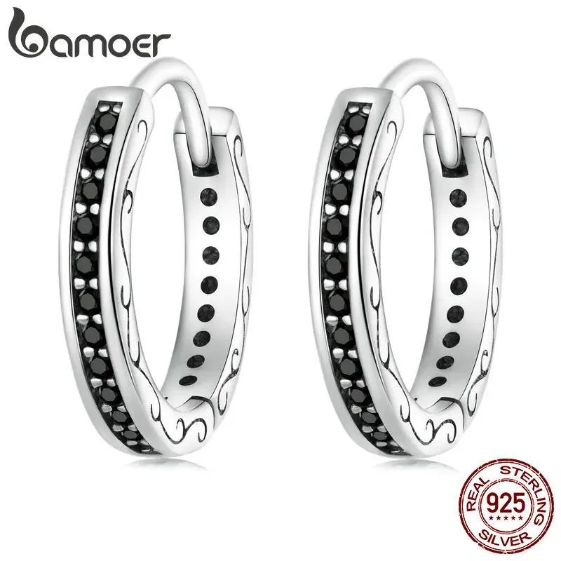 Bijoux Bamoer en argent Sterling noir Zircon oreille clipspave réglage Cz Style européen boucles d'oreilles pour les femmes cadeau Sce1522