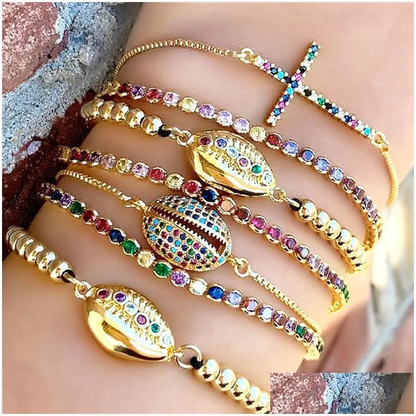 Bracelets de charme Gold Diamond Shell Cross Bracelet Zircon PL Taille réglable Femmes Bijoux de mode Beach Drop Ship Livraison DHK2R