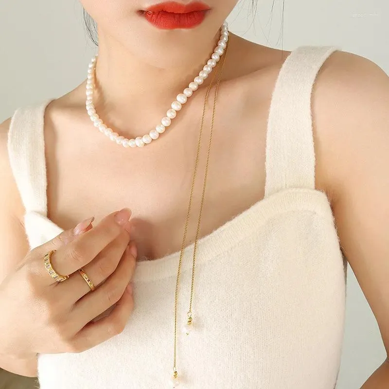 Pendentifs rétro en perles d'eau douce naturelles, chaîne de clavicule élégante pour femmes, collier de perles d'eau douce naturelles, bijoux, 2024