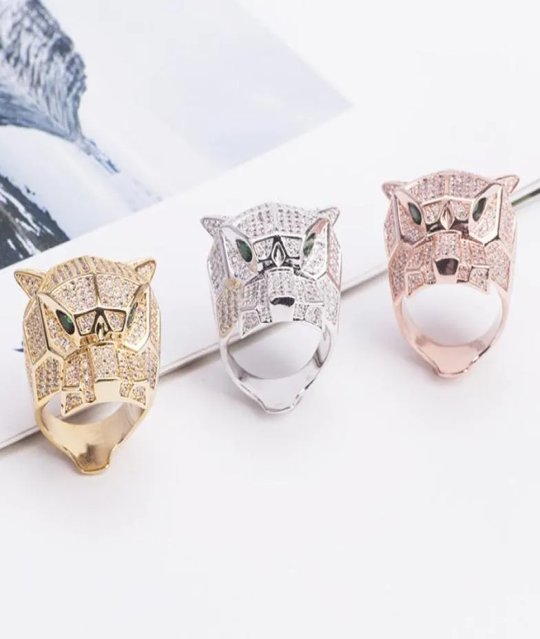 WholeTiger Leopard Head Ring CZ Jewelry Lovers Cute Rings Exquisite Copper Plated Hollow Green Eyed8732237