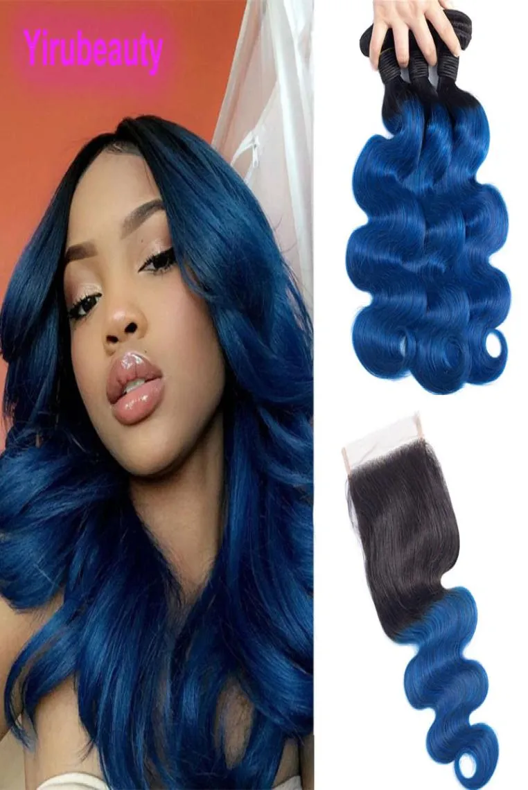 Brasilianska jungfruliga hårförlängningar 1BBlue Ombre Human Hair Body Wave 3 Bunds med 4x4 spetsstängning med babyhår Remy 4 stycken 12873802