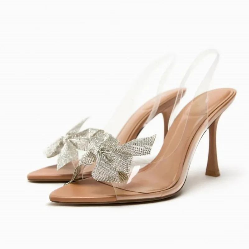 TRAF, zapatos de tacón alto de verano para mujer, zapatos de tacón de aguja con punta estrecha, sandalias con lazo de diamantes de imitación para mujer, zapatos de tacón de lujo con talón descubierto para fiesta 240102