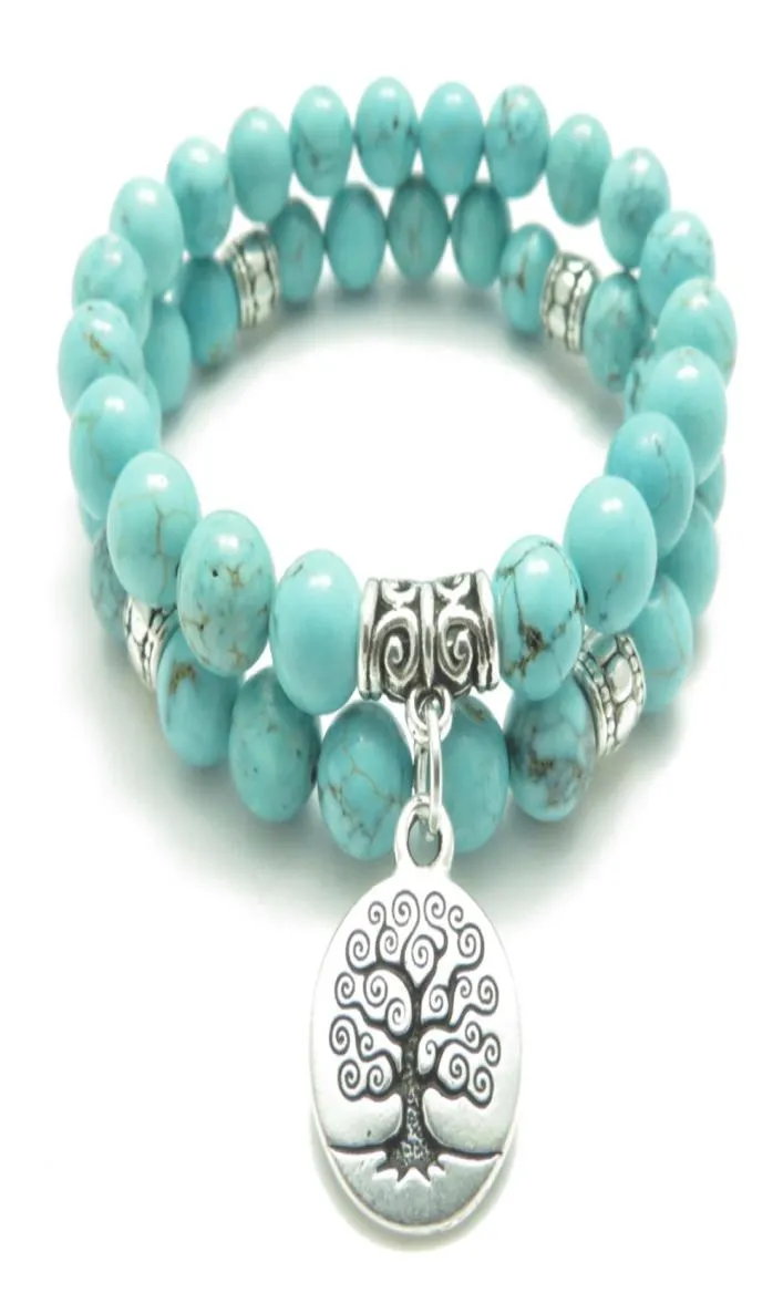 SN0643 Tree of Life Jewelry Yoga Mala Armband Turquoise Healing Protection Elastic Pärled Stackande armband Spirituella smycken PS03330338