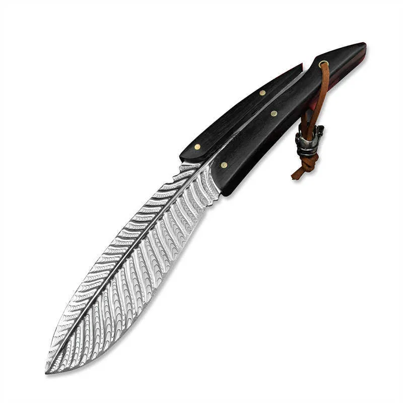 Fjädermönster Damascus stål Fixad bladkniv full tang taktisk jaktkniv med läderhöljet