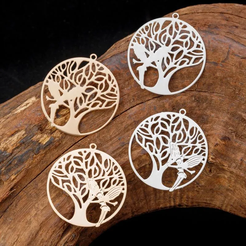 Charms 10st 30 32mm Tree of Life With Fairy Maiden Hollow Filigree Round Pendants For DIY Accessories B5544