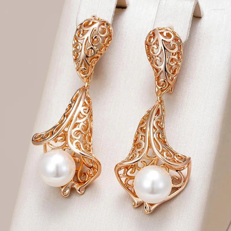 Pendientes colgantes Kinel de lujo 585 Color oro rosa gran gota para mujer accesorios de perlas de flores huecas únicas joyería de Boda nupcial