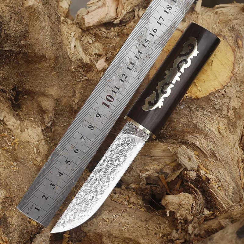 Camping Selffense Damascus Steel Prosty nóż przenośny zewnętrzny VG10 ręcznie robiony heban uchwyt dla wygodnego odczucia ręki