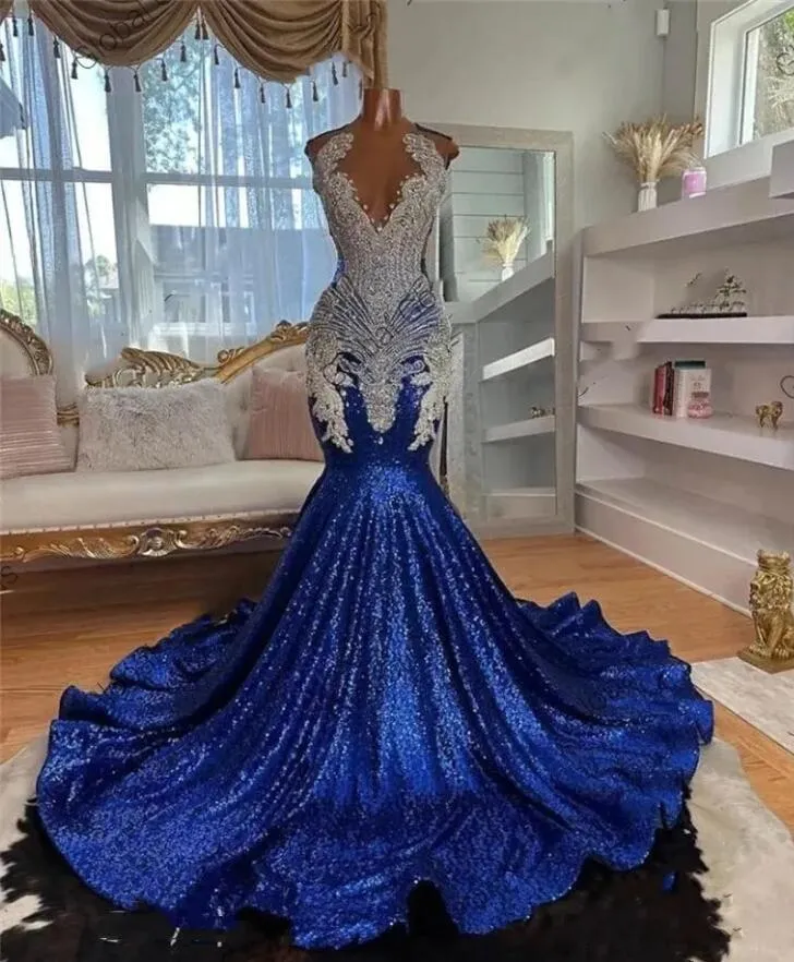 prom dresses royal blue and silver Royal Blue sequin Silver Beaded Mermaid Long V-neck Prom Dresses