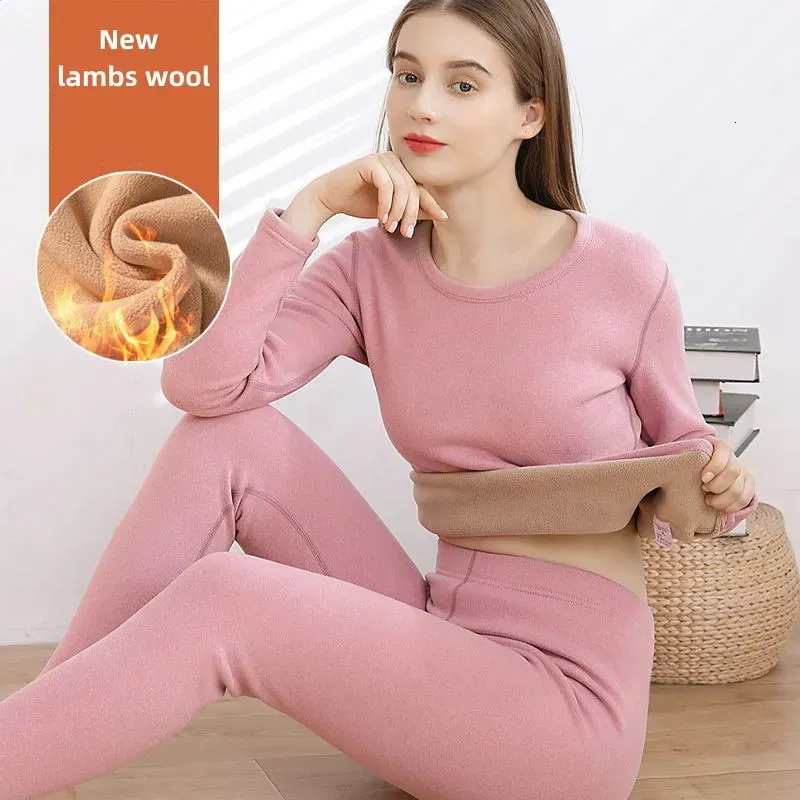 Termiska underkläder för kvinnor vinter varmt tjockare lammfleece hög elastiska långa johns botten två stycken uppsättningar termos kläder 231229