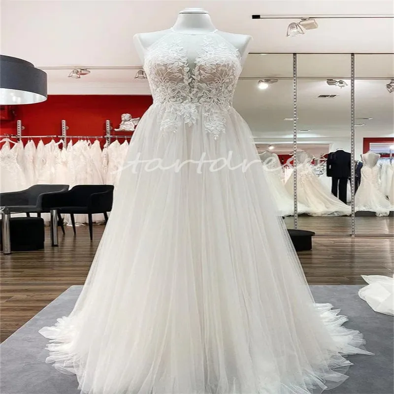 Charming Lace Boho Wedding Dress Sexy Open Back Bohemian Bride Dress 2024 Country Bridal Gowns Sleeveless Tulle Elegant A Line Fairy Vestidos De Novia Robe Mariee