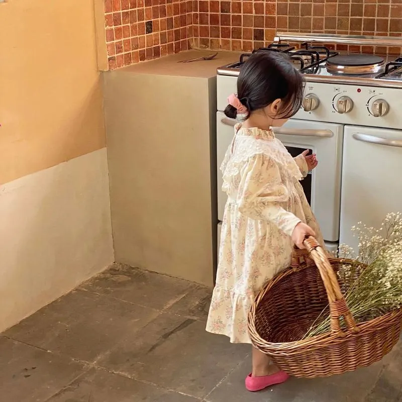 Vestidos de niña, vestido de algodón con flores de hadas, volantes de encaje, manga abombada, ropa Floral de princesa para traje de Boutique de primavera