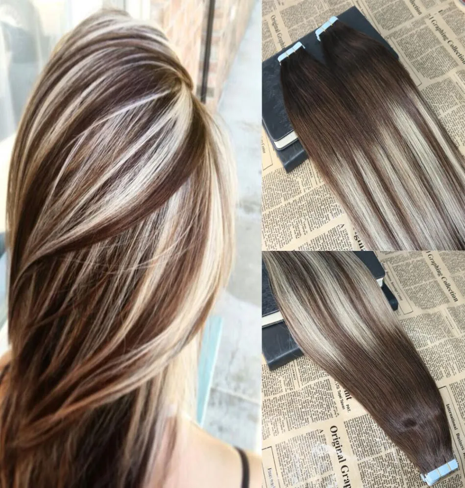 Omber Tape in Hair Extensions Kleur 3 Vervagend naar 24 Tape in Extensions met highlights Echt haar 8A-kwaliteit Lijm in Extensions 100g405899917