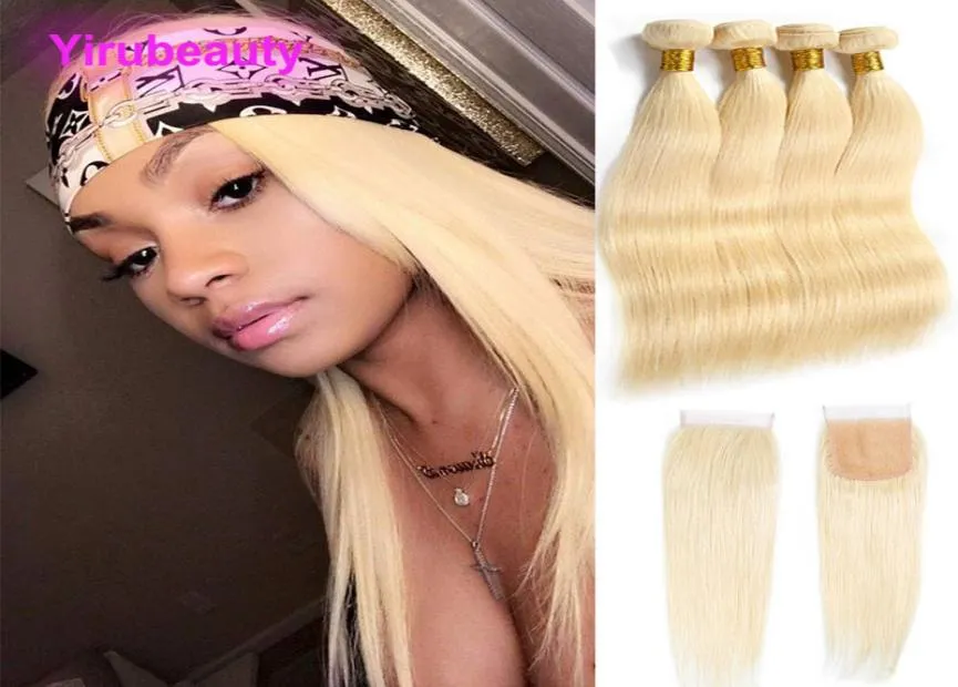 Peruvian Human Hair 4 Bundles With 4X4 Lace Closure 613 Blonde Silky Straight Virgin Hair 5 Pieces one Set Hair Wefts5953902