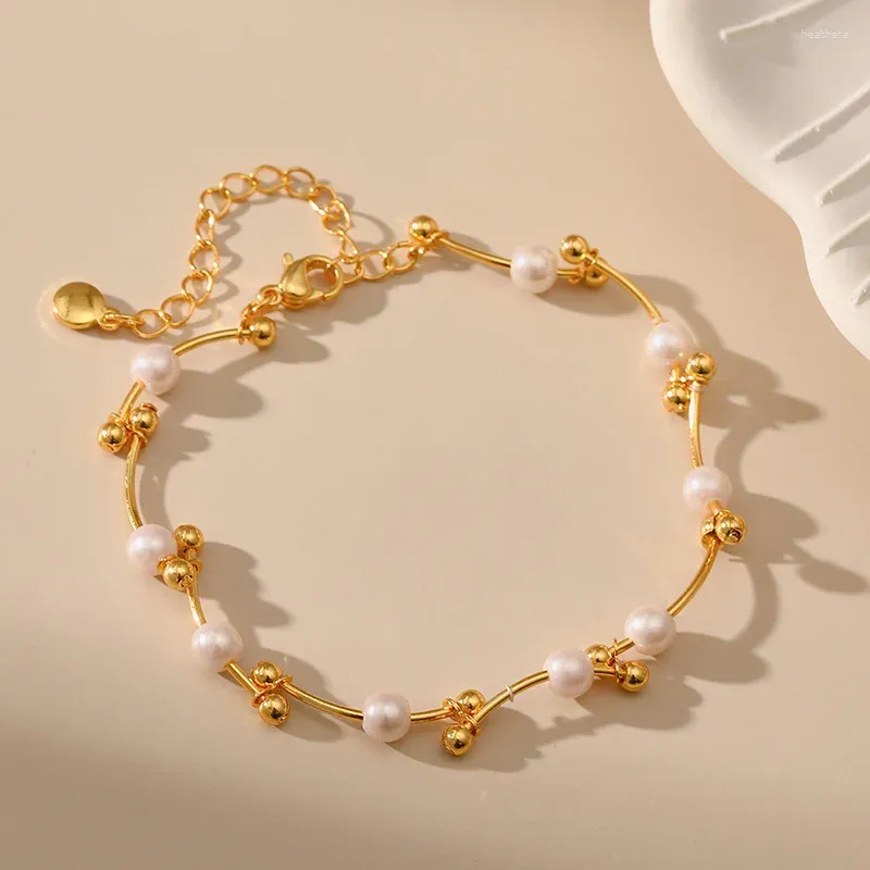 Link Bracelets 18k Gold Plated Round Beads Copper Tube Chain Women Trend White Pearl Bracelet For Teens Girls Nice Jewelry Gift