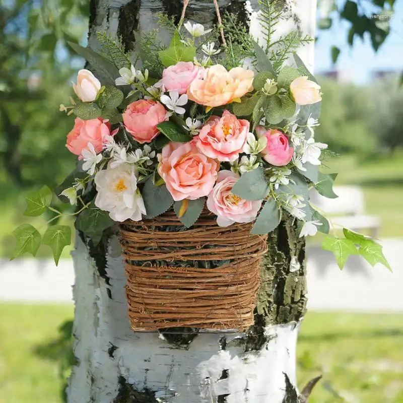 Fleurs décoratives porte cintre panier couronne artificielle printemps bienvenue signe en osier tissé fleur suspendue pour fenêtre