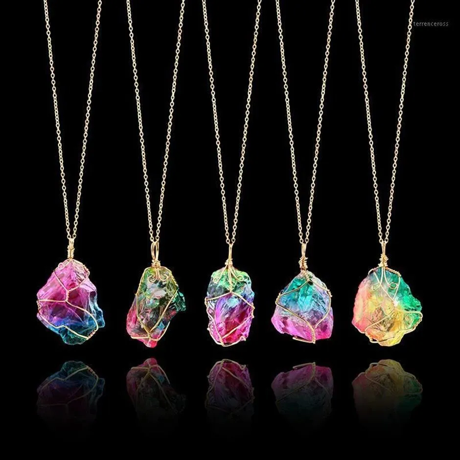 Rainbow Natural Stone Pendant Necklace Fashion Crystal Chakra Rock Necklace Gold Color Chain Quartz Long For Women Gift1306g