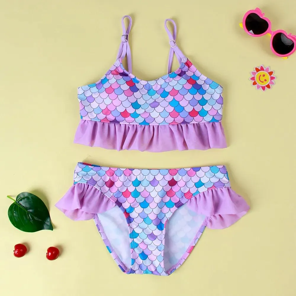 One-Pieces Girls Swimsuits Bathing Suit One Piece Bikini 3D Printed Halter Sunsuit with Ruffle Tulle Frill 38T