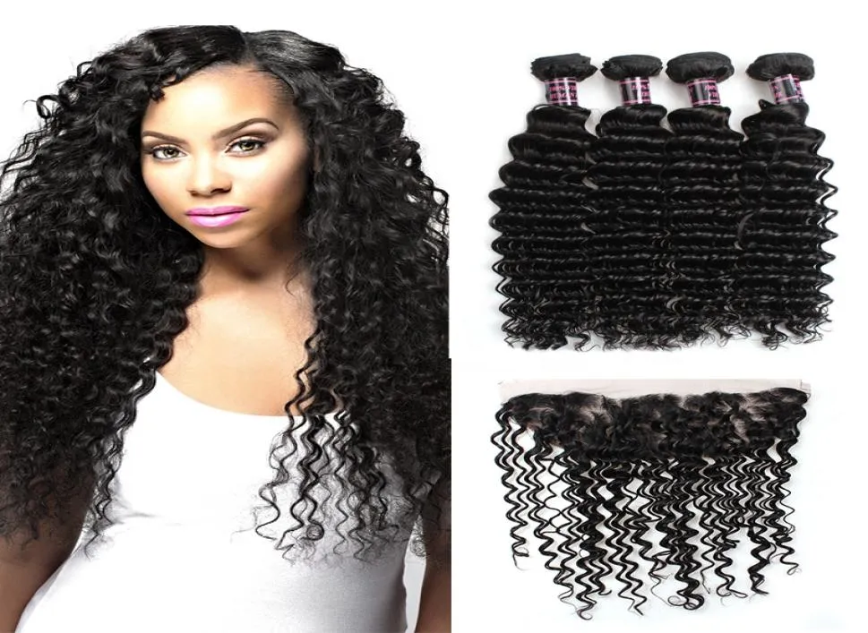 Ganze 10A brasilianische Deep Wave 4Bundles mit 134 Lace Frontal peruanischen malaysischen indischen Jungfrau-Menschenhaarprodukten 3298606