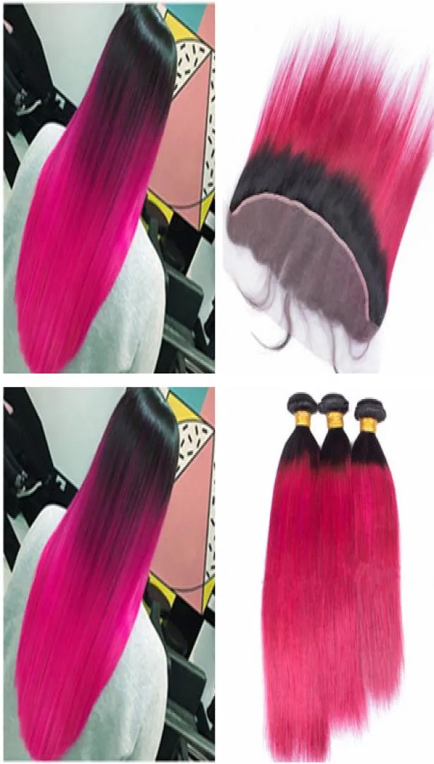 Braziliaans Ombre Roze Maagdelijk Menselijk Haar 3 Bundels Deals met 13x4 Kant Frontale Sluiting Recht 1B Roze Ombre Haar Weeft met 7421156