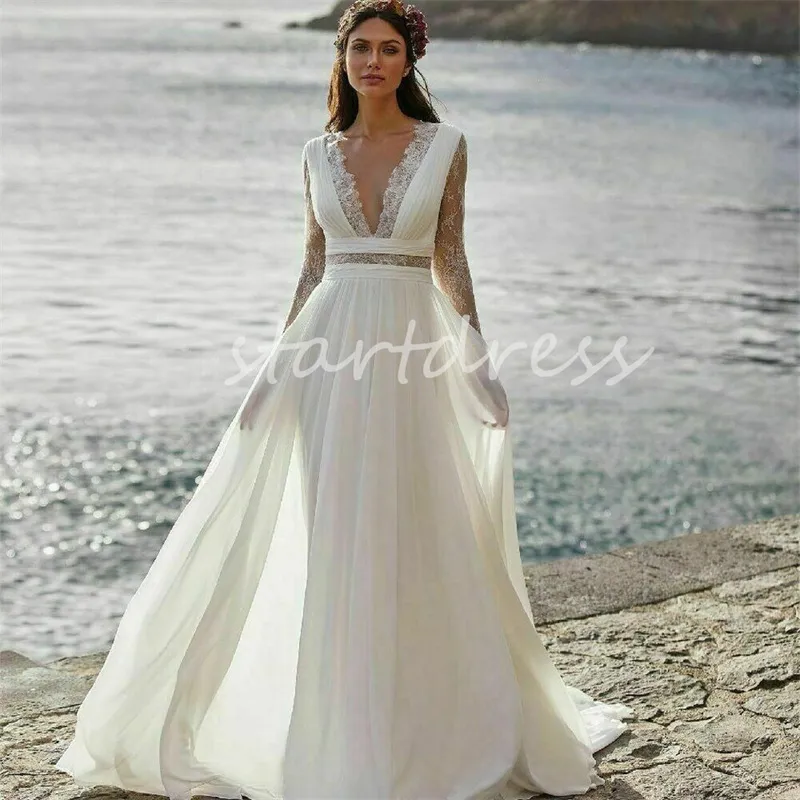 Fee Boho Strand Trouwjurk 2024 Sexy V-hals Lange Mouwen Kanten Bruidsjurk Civiele Boheemse Land Bruidsjurk Elegant Gatsby Civil garden Vestios De Novias Mariage