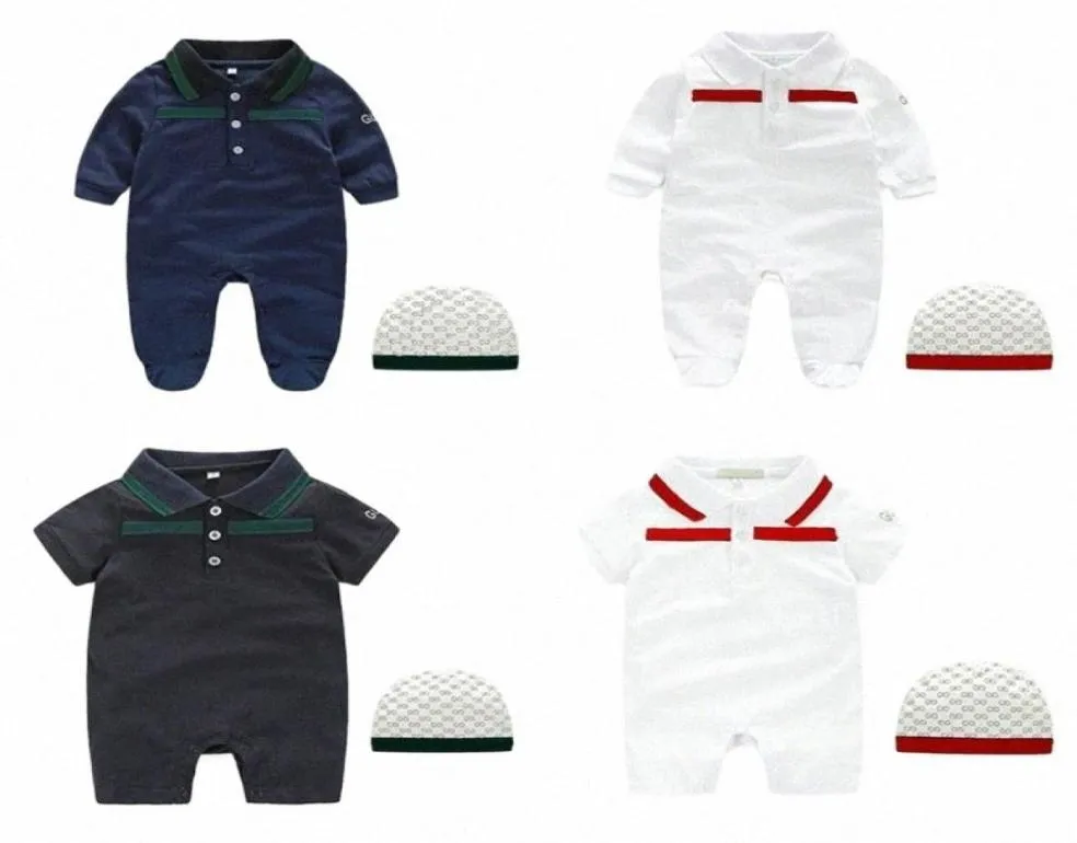 12 Jahre Baby Strampler Junge Mädchen Kinder Designer Brief Streifen 100 Baumwolle Neugeborene Langarm Kurzarm Overalls Hut 2-teiliges Set4112569