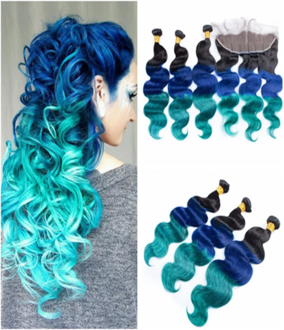 1BBLUEGREEN OMBRE VIRGIN BRAZILIAN HUMAN HAIR BUNDLES 13x4フルレースの正面閉鎖3トーン色の人間の髪の織り1364584