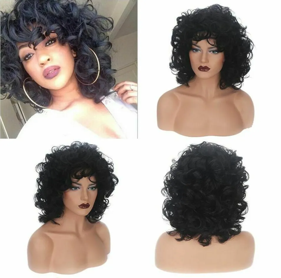 Peruca afro fashion preta curta encaracolada sintética cabelo bob completo para mulheres perucas onduladas 1069198