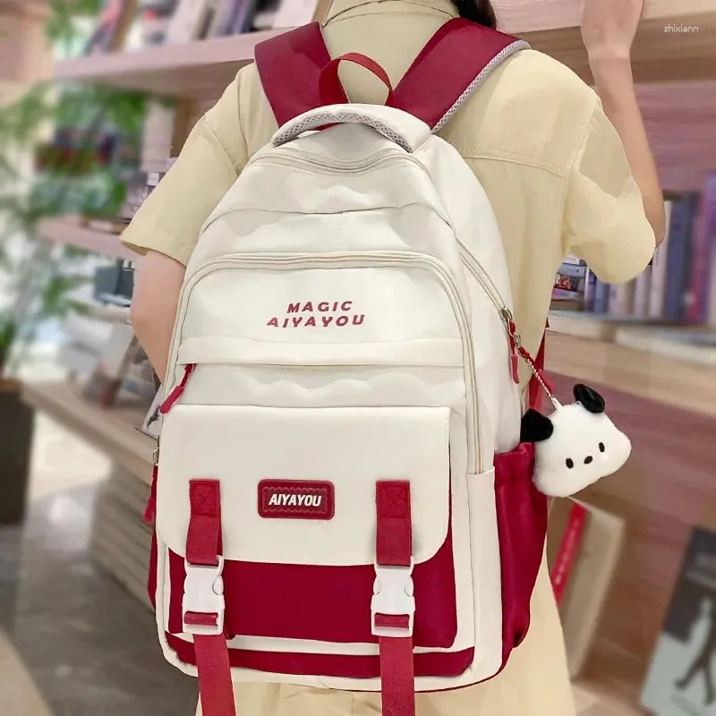 Sacos escolares moda feminina vermelha viagem à prova d 'água faculdade mochila menina kawaii nylon senhora bonito portátil estudante saco de livro mulheres