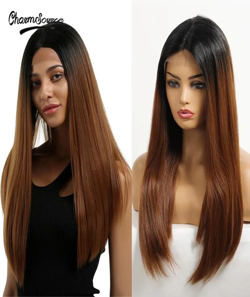 CharmSource – perruque synthétique Lace Front Wig synthétique lisse et longue, brune ombrée, avec raie centrale, pour femmes noires et blanches, Hair8500417