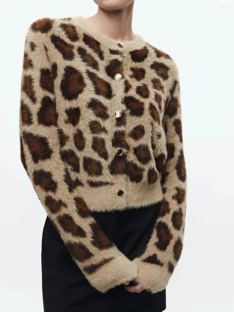 Kobiety damskie Jacquard Faux Fur Leopard sweter sweter kardigan damna okrągła szyja długie rękawy slimed slim jumper top vintage klasyk