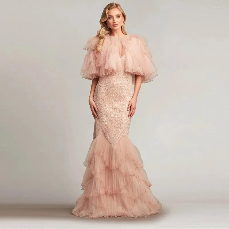 Abiti casual eleganti abiti da ballo a sirena con paillettes lucide rosa pesca con giacca con fondo in tulle arricciato lungo da donna maxi per feste di eventi