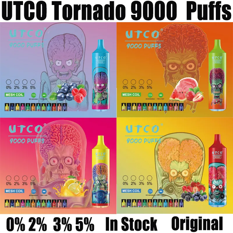 Oryginalne UTCO Tornado 9000 Puffs Vapes Do dyspozycji Vape E papierosów 18 ml cewki siatki Pod 0% 2% 5% doładowani powietrza dostosowane do powietrza 9K E Cigs 22 Smaki Dostępne pióro