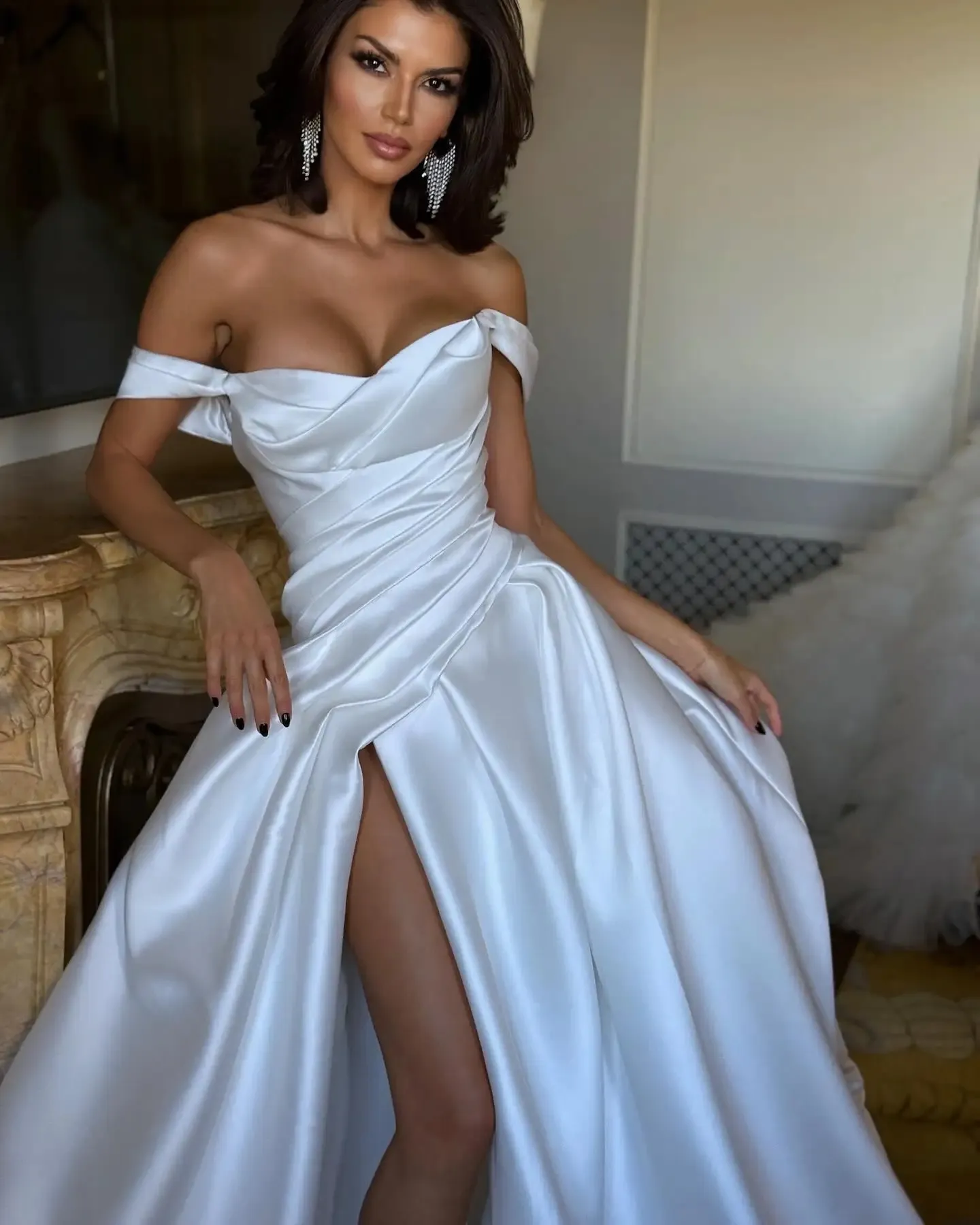 green emerald velvet dress Ella White Off Shoulder Formal Dress