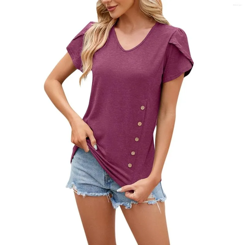 Women's T Shirts 2024 Fashion Casual Solid Color V Neck Button Petal Sleeve Short Sleeved T-shirt Top Official Store Ropa De Mujer