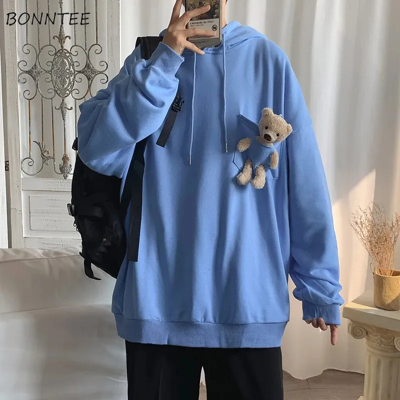 With Hat Hoodies Men Cute Teddy Bear Pocket Patchwork High Street Thicken Couples Hooded Sweatshirts Plus Size S-3XL Japan Style 240102