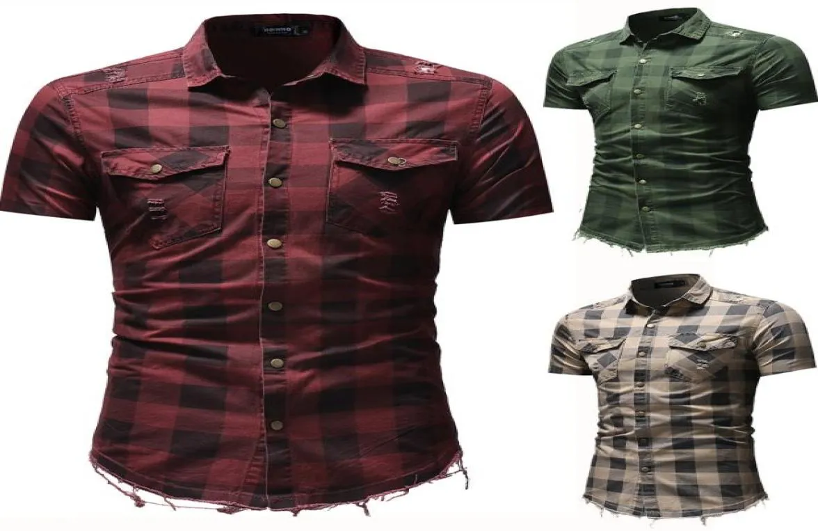 Men Plaid Shirts Short Sleeve Slim Fit Turn Down Collar Shirts with Pockets 3 Colors Summer Ripped Denim Shirt Plus Size9259820