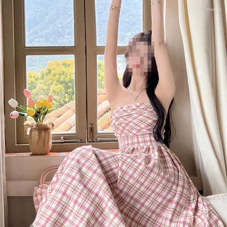 Casual klänningar sexig söt vind sol system mjuk syster rosa pläd torkning bröst midja bantning prinsessan klänning ärmlös lång kjol kvinnlig2024