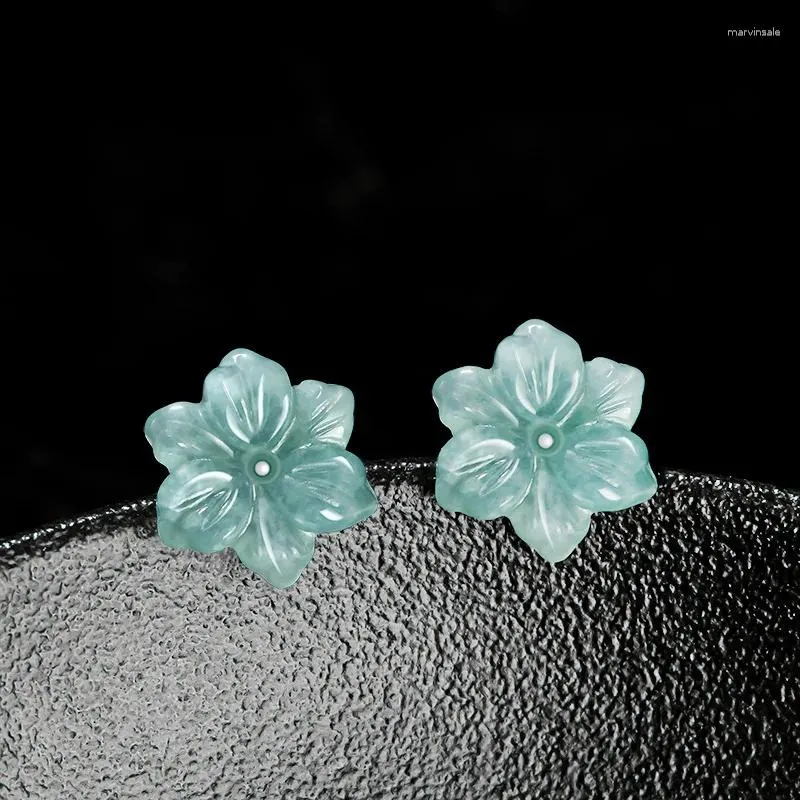 Studörhängen naturlig A-klass Jade Blue Plum Blossom Seed Jadeite Kronblad S925 Silver Inlagd Ancient Style Women's Gifts smycken