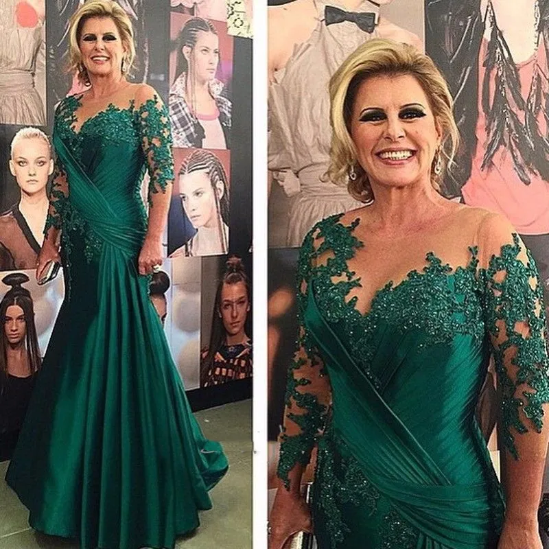 Madre Verde Elegante Esmeralda de los vestidos de novia Mangas largas Sirena Vestidos de invitados de boda Apliques de encaje con cuentas Pliegues Vestido de noche formal para mujer 2024