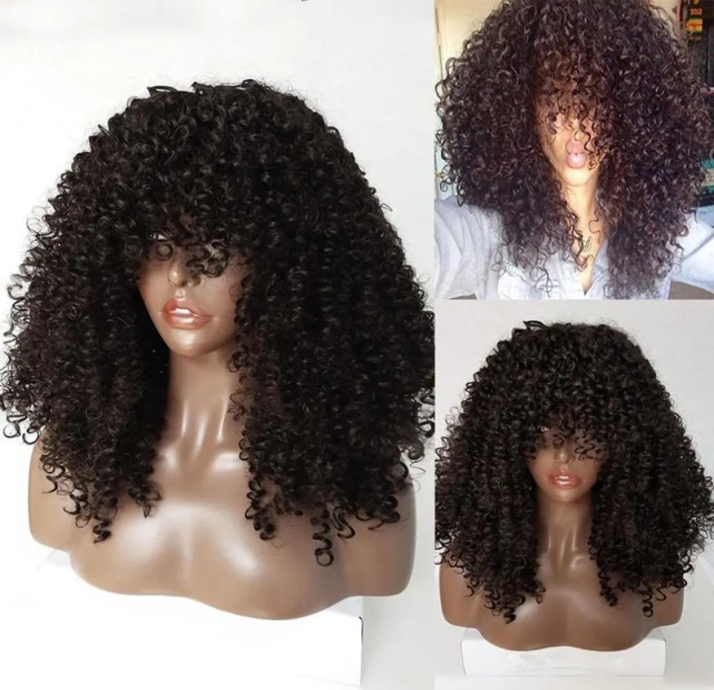 Long Black Afro Kinky Curly syntetiska spetsarfront peruker med Bangs Brasiliansk värmebeständig fiber Curly för Fashion Women5759350
