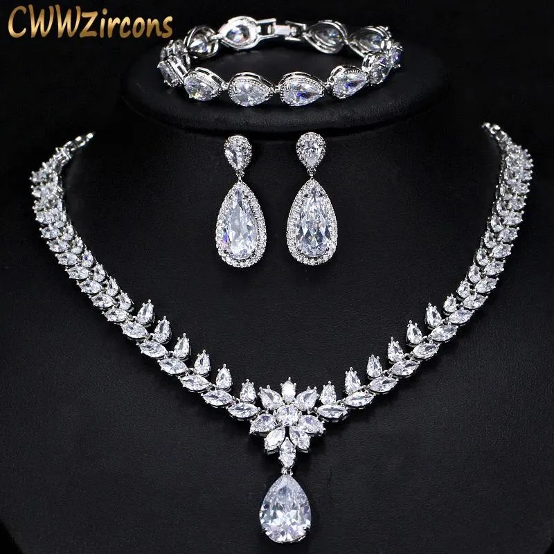 Chokers Cwwzircons Elegant Women Wedding Jewellery African Cz Crystal Leaf Drop Bridal Necklace Bracelet and Earrings Jewelry Sets T294