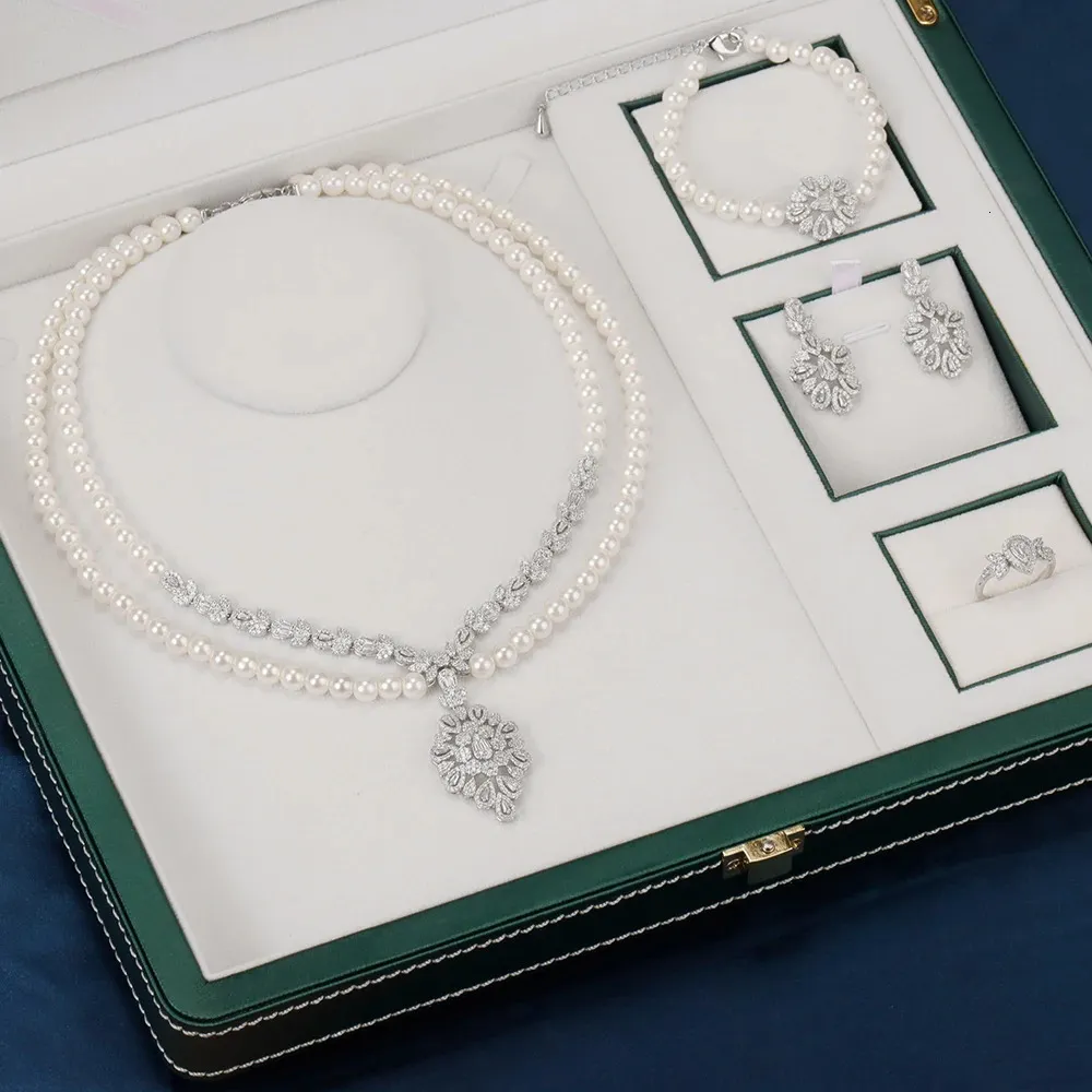 Magnifique collier de perles Double couche pour femmes, zircone cubique, ensemble de bijoux 4 pièces, accessoires ras du cou pour mariée et mariage, 240102